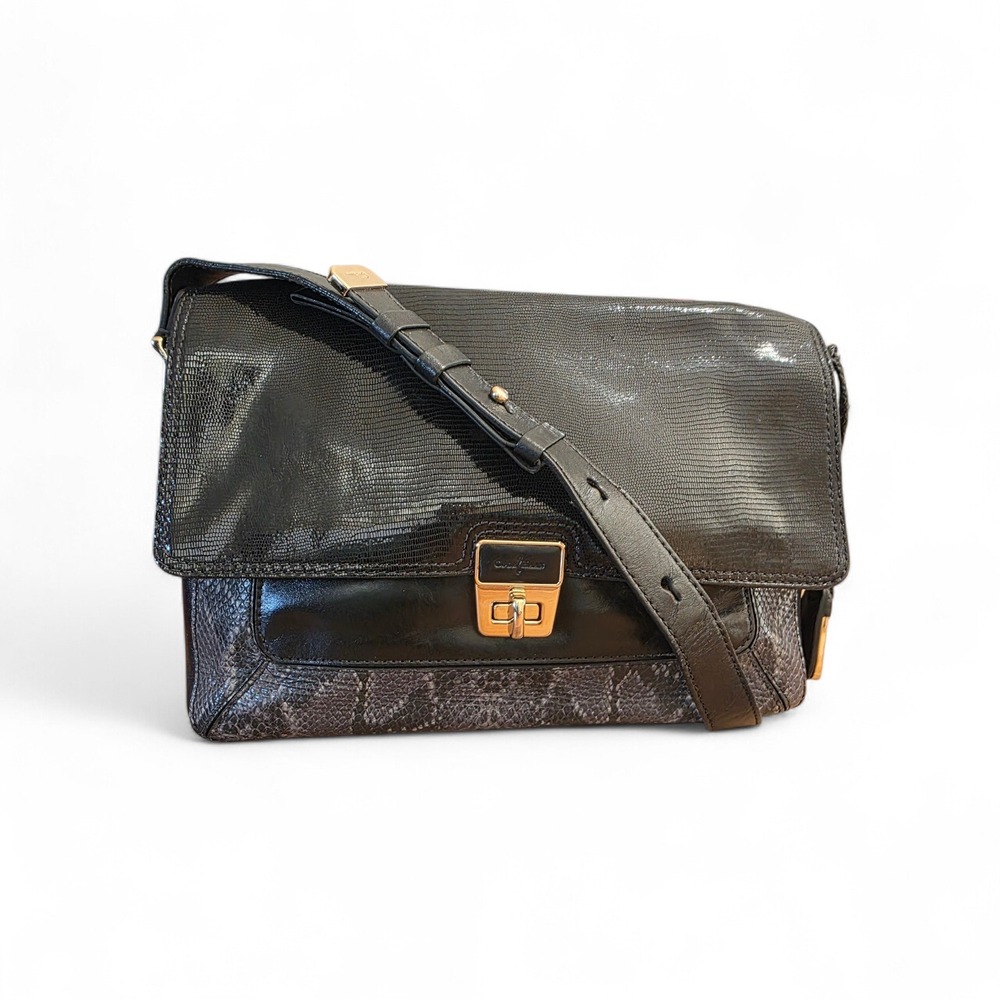 Cole Haan Black Leather Snakeskin Embossed Large Shoulder Bag Gold‎ Turn Lock